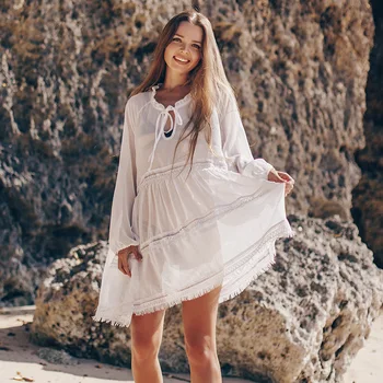 

TEELYNN long sleeve tunic chiffon mini women dresses 2020 summer white sexy see through cover up beach swimwear boho vestidos