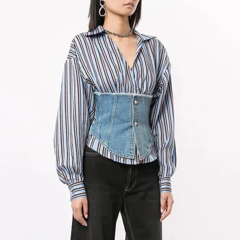 

Xiaozhong Design 2020 Early Fashion Splicing Burr Cowboy Waist Spell Contrast Color Stripes Shirt Top Female