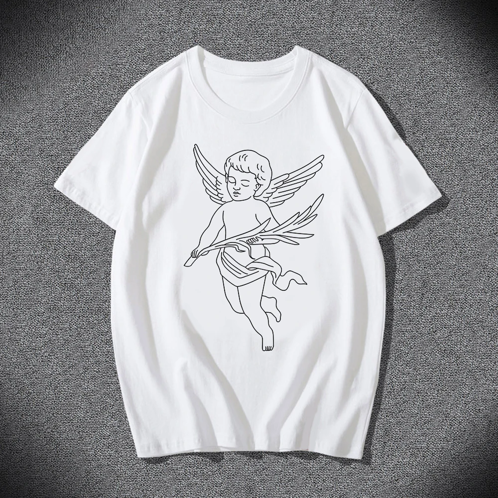 Ulzzang Harajuku Tees Black and White Drawing David Print Short Sleeve T Shirt Lady Large Size O Neck Angel Funny Women | Женская одежда