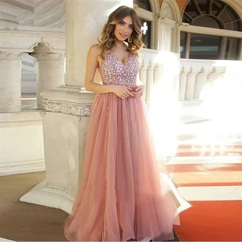 

Luxury Beading Formal Evening Dress 2020 for Women Soft Tulle Sexy V-neck Open Back Lacing Prom Dance Evening Pary Gown