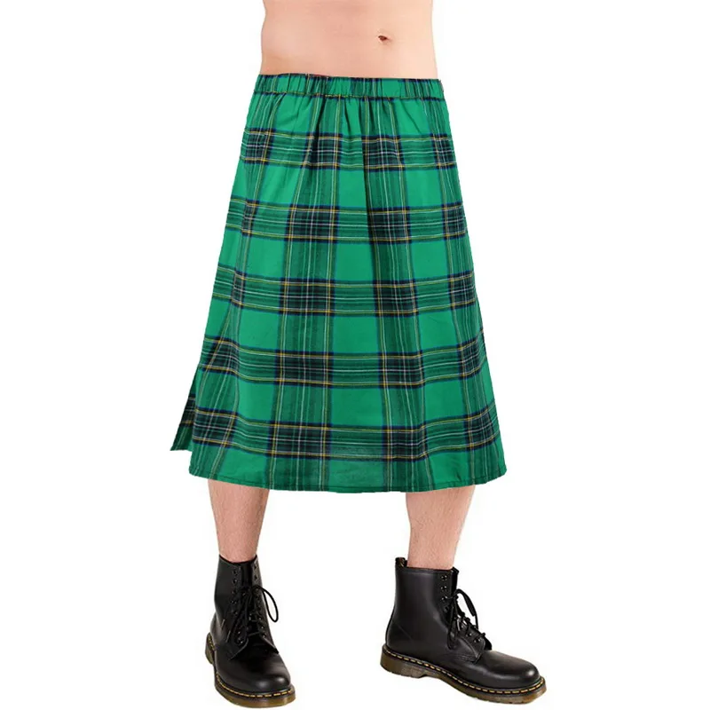 Новые мужские модные повседневные плиссированные шотландские Kilts Шорты Брюки карго личности брюки пледы шаблон свободная Асимметричная юбка для мужчин - Цвет: green