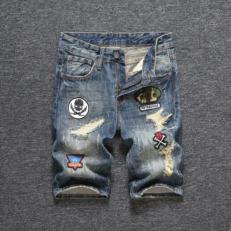 

Newly Designer Fashion Men Jeans Shorts Retro Blue Patches Designer Destroyed Denim Shorts Men Summer Hip Hop Ripped Short Jeans
