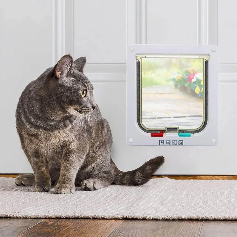 Pet Door 4 Way Lockable Dog Cat Kitten Door Security Flap ABS Plastic S/M/L Animal Small Pet Cat Dog Gate Supplies