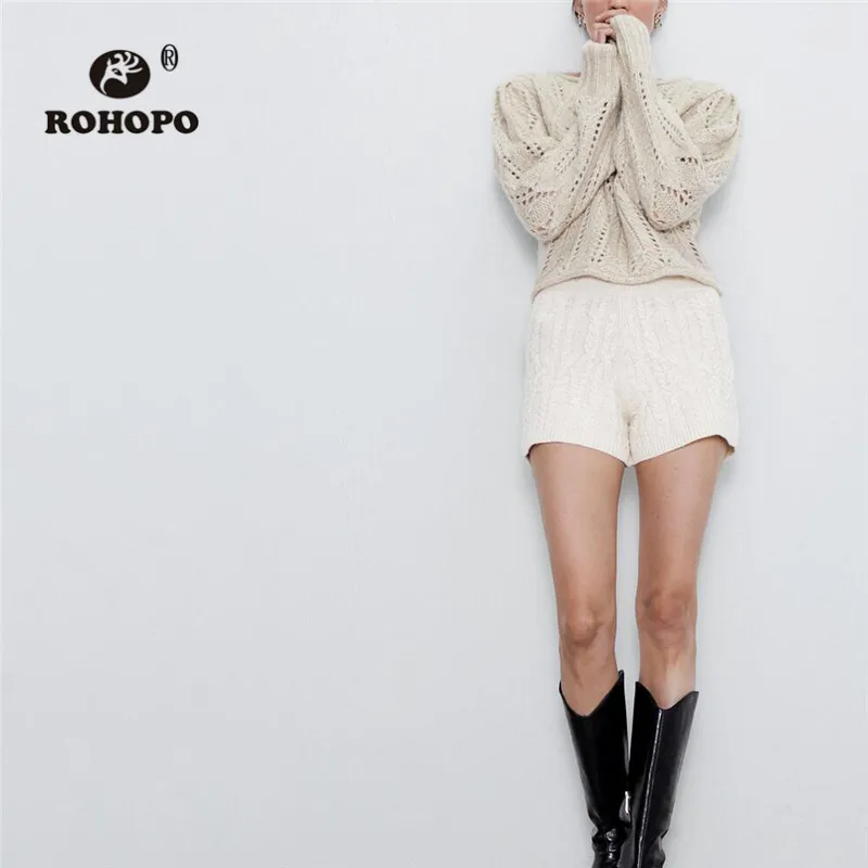 

ROHOPO Round Collar Hollow Out Khaki Sweater Long Sleeve Slim Solid Ladies Autumn/Winter Knitted Top Outwear #9629