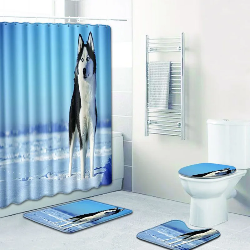

4pcs/set Lovely Animal Dog Print Waterproof Shower Curtain Polyester Fabric Bath Curtain Washable Home Bath Decor Curtain