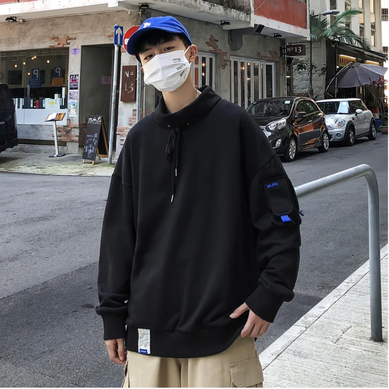 

2019 Autumn And Winter Men's New Casual Solid Color Pocket Decoration High Collar Loose Temperament Trend Cotton Hoodies