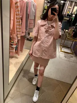

Fashion 2020 Runway Design Women Pink Suits Short Sleeves Double Breasted Shirt + Waist Elastic Mini A-Line Slim Skirt Sets