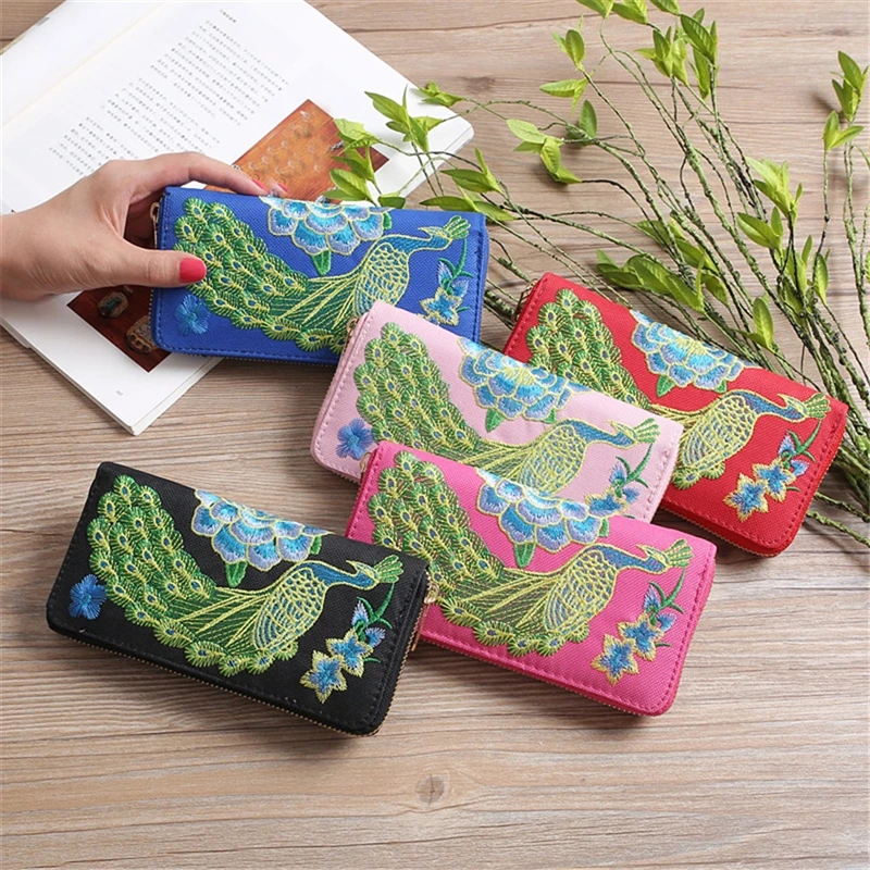 

Peacock Embroidery Wallet Fashion Ethnic Style Vintage Women's Wallet Portable Zipper Clutch Female Money Bags