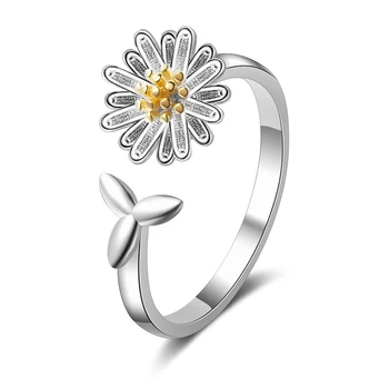 

New Trendy 925 Silver Yellow Flower Daisy Open Ring For Women Simple Adjustable Tail Ring Fashion Tide Flow INS Jewelry