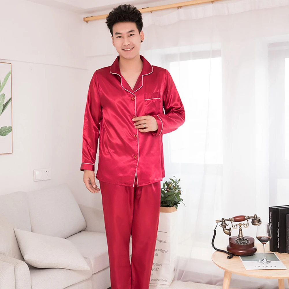 best mens pajamas Silk Men Pajamas Set two-piece Solid Color Fashion Men's Long-Sleeved Trousers Couples Long Sleeve Suit Casual Home Clothing mens pjs set