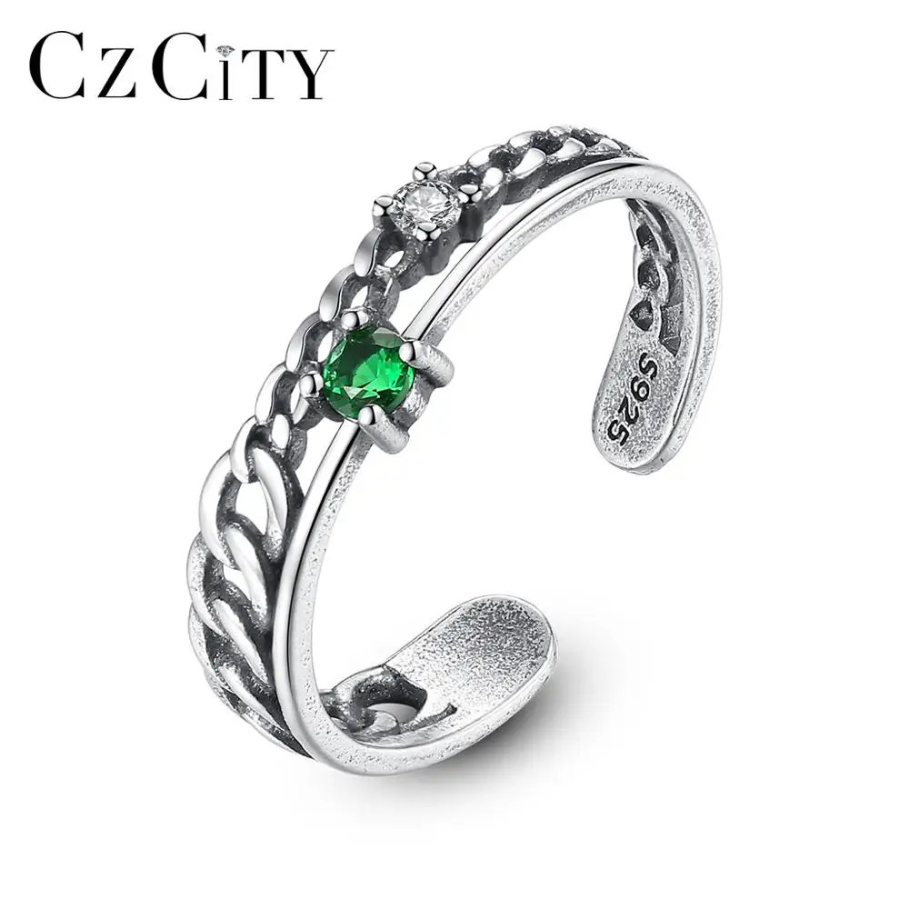 

CZCITY Real Thai 925 Silver Green Gemstone Resizeable Thin Rings for Women Girls Party Dating Open Rings Fine Jewelry SR0242