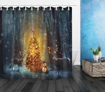 

Forest Golden Christmas Tree Shower Curtain Waterproof Fabric Bathroom Set Hooks