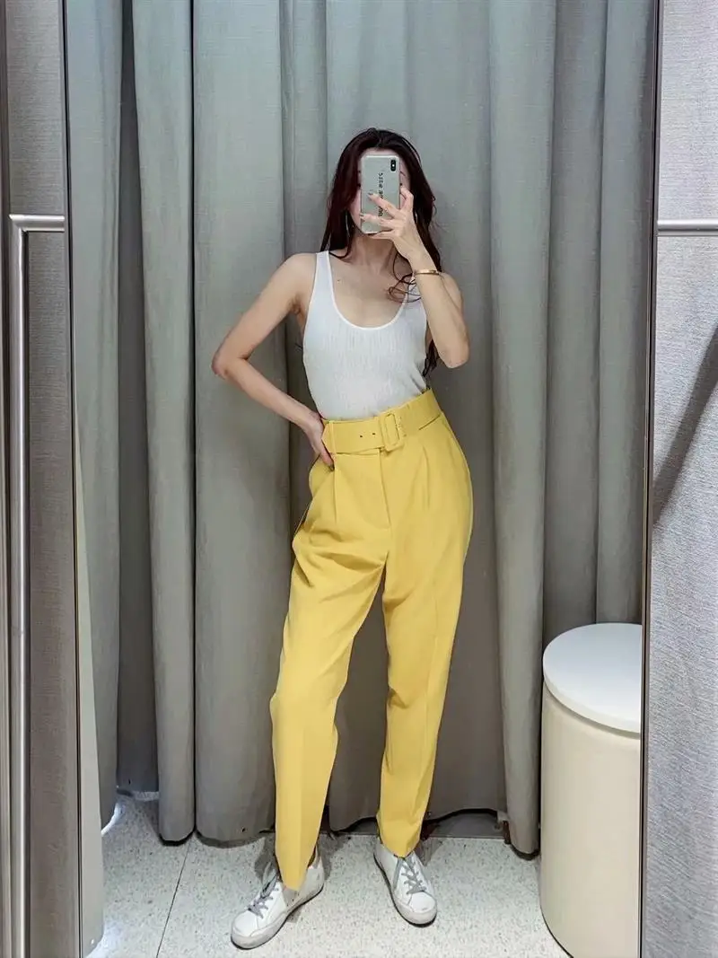 

2019 Summer European And American-Style New Style Women's Clothing Pleated Belt Solid Color Skinny Pants Pants Women's