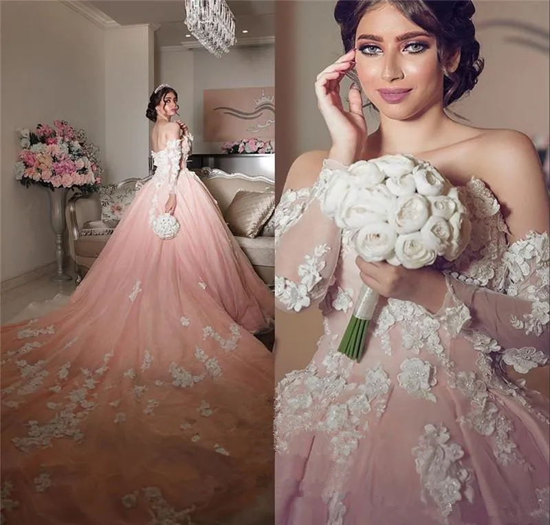 

Blush Pink Ball Gown Cathedral Train Wedding Dresses 3D Floral Beaded Long Sleeves Plus Size Arabic Dubai Bridal Gowns