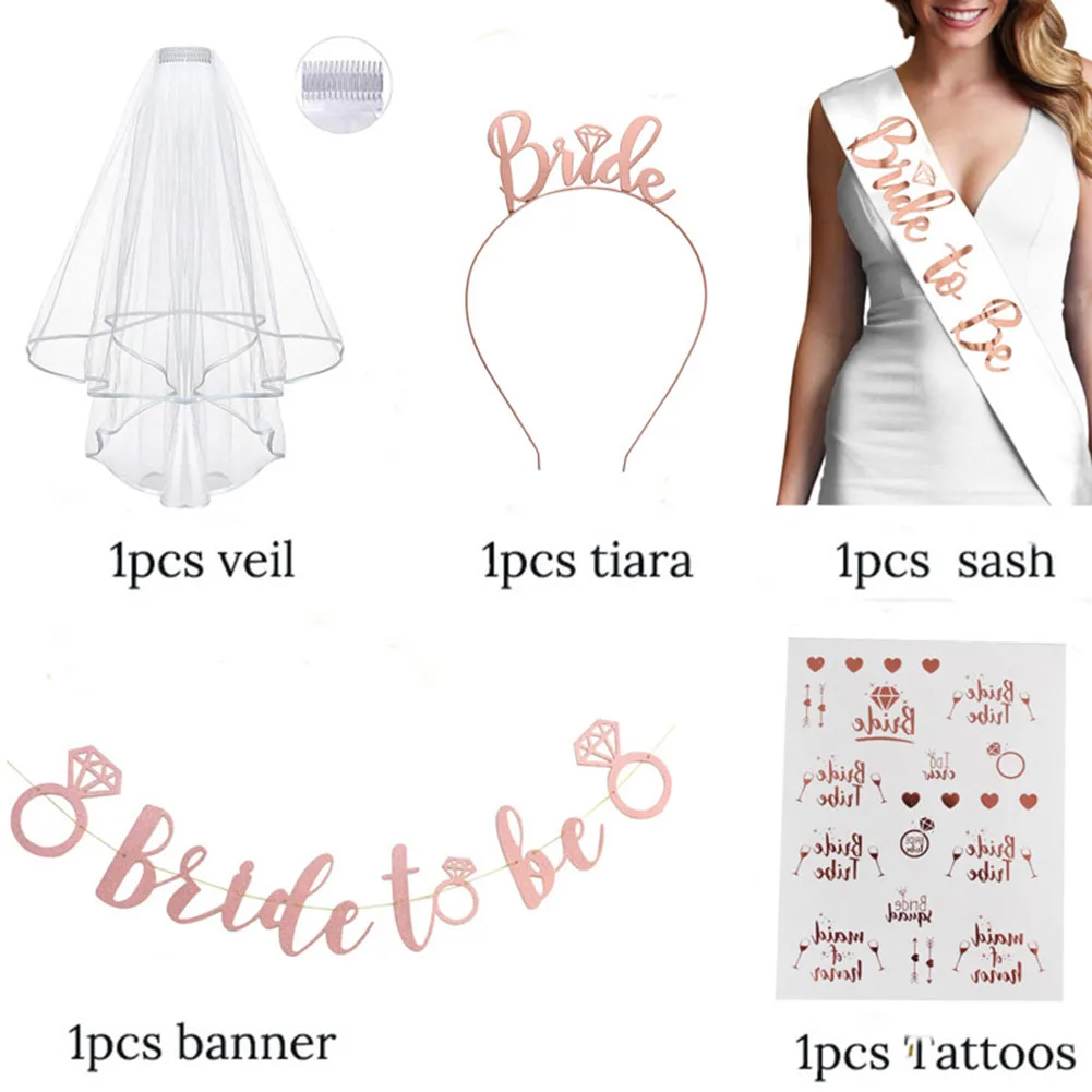 5 шт. свадебный душ вуаль баннер с надписью "Bride To Be" Аксессуары: пояса девичник вечерние комплект татуировки курица свадебная тиара DIY Юбилей