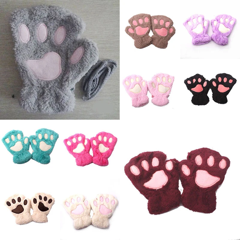 

Soft Plush Fluffy Mittens Cartoon Cat Design Paw Short Fingerless Gloves Cute Children Winter Hand Warmer Cozy Gloves 1 Pair