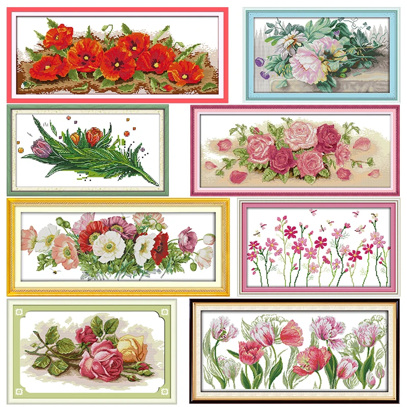 

Flowers Stamped Cross Stitch Kits Joy Sunday Colorful Rose Printed 11CT 14CT Counted Cross Stitch Kit Embroidery Needlework Sets