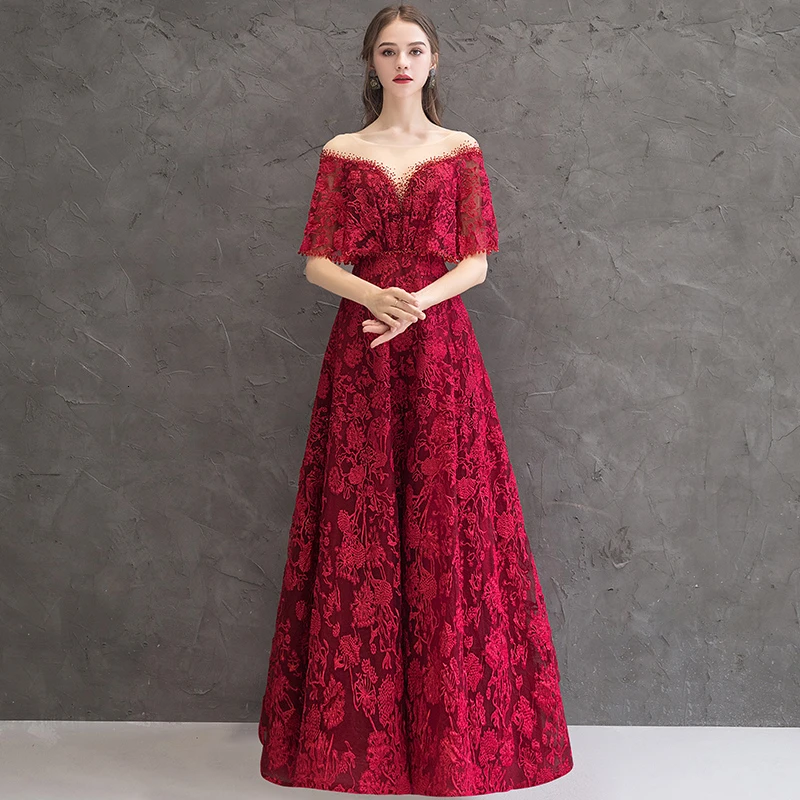 Wine red BGW Abendkleider Lang Rot кружевное бордовое вечернее платье с овальным вырезом и шнуровкой на спине с короткими рукавами - Цвет: Wine red
