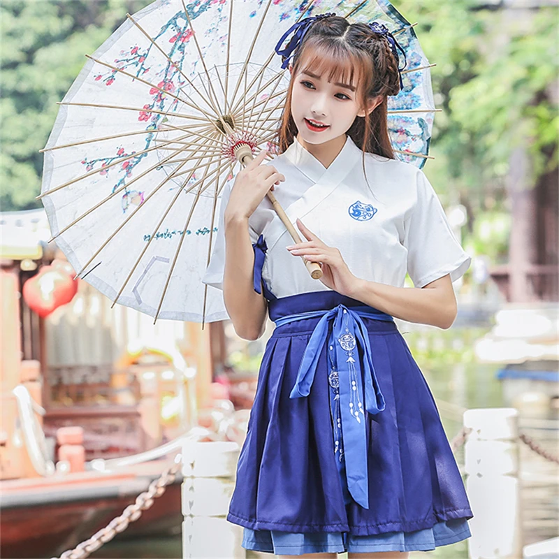 Blue Suit Кимоно для девочек в японском стиле хаори, юбка, костюм для женщин, традиционные ЯПОНСКИЕ ВИНТАЖНЫЕ вечерние платья в азиатском стиле, юката, чайное платье с вышивкой - Цвет: Blue Suit