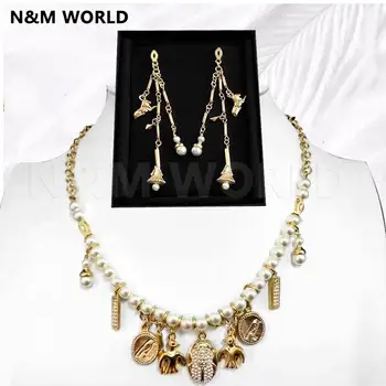 

Tassel Tag Pearl Necklace/Earring One Set Hot Sale New Arrvial Fashion Trendy Style For Women Girls Wedding Party Cute Gift