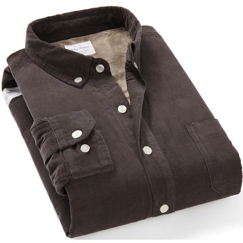 Men's Cotton Corduroy Warm Winter Shirt Thick Fleece Lining Thermal Shirt Long Sleeve Bottoming