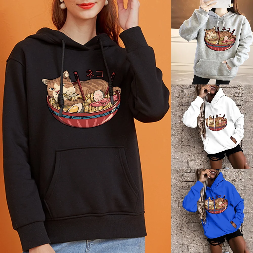 Women's Fashion Sports Hoodie Long Sleeve Casual Top Cute Gourmet Cat Print Ladies Harajuku Oversized Pocket Pullover