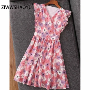

ZIWWSHAOYU New Female Fashion Summer Midi Dress Women V Neck Butterfly Sleeve Floral Printed Bohemian Vacation A-Line Dresses