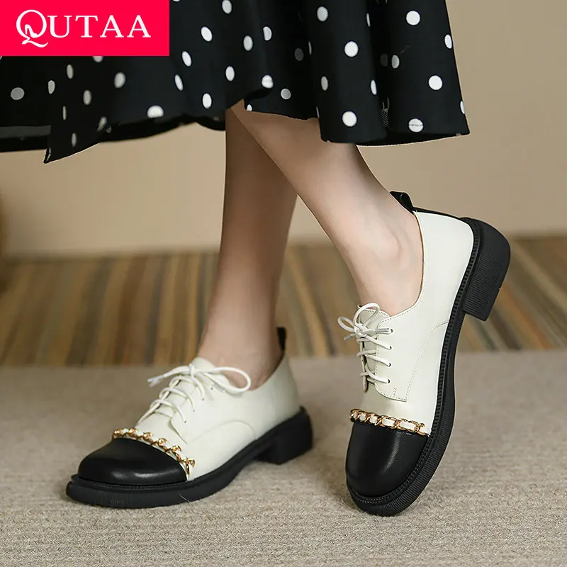

QUTAA 2022 Mixed Color Genuine Leather Square Heel Women Shoes Spring Autumn Lace Up Round Toe Fashion Ladies Pumps Size 34-42