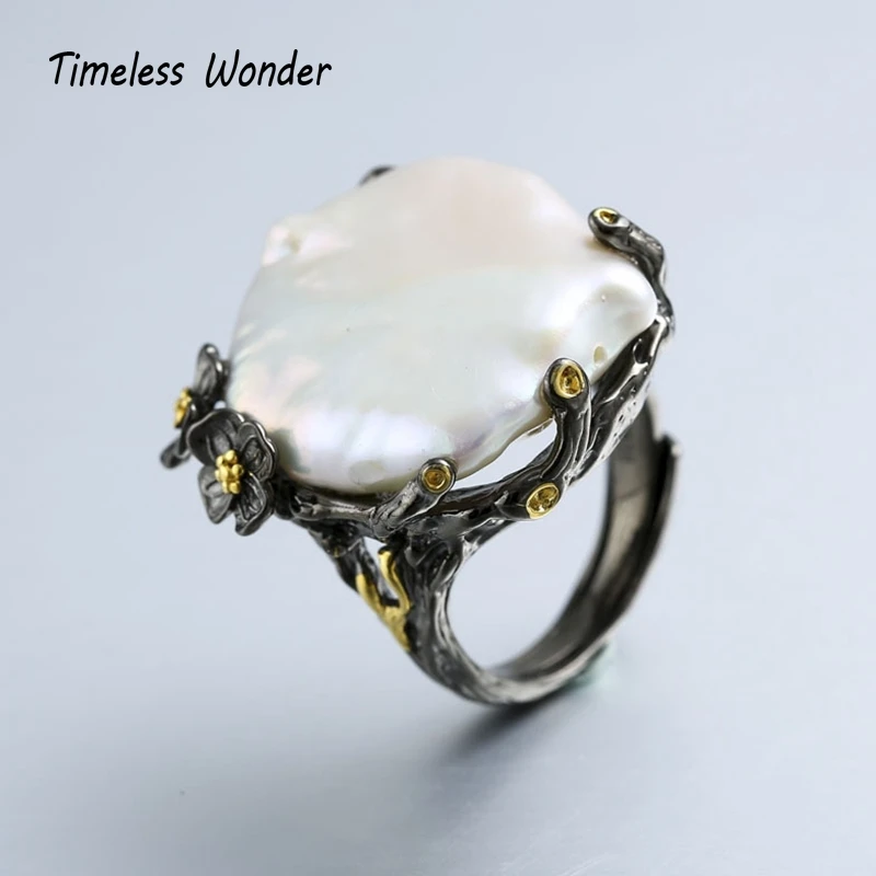 

Timeless Wonder 925 Sterling Sliver Vintage Big Baroque Pearl Statement Rings Women Jewelry Punk Gothic Boho Hiphop Rare 4531