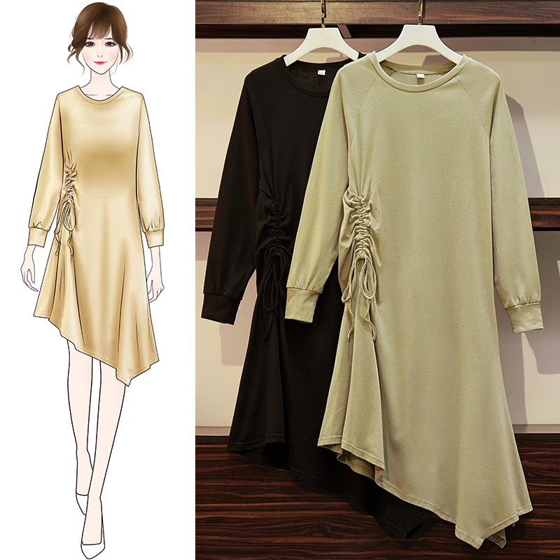 

M-4XL Plus Size Women Korean O-Neck Cotton Solid Irregular A-Line Dress 2020 Spring Natural Elegant Long Sleeve Mini Dresses
