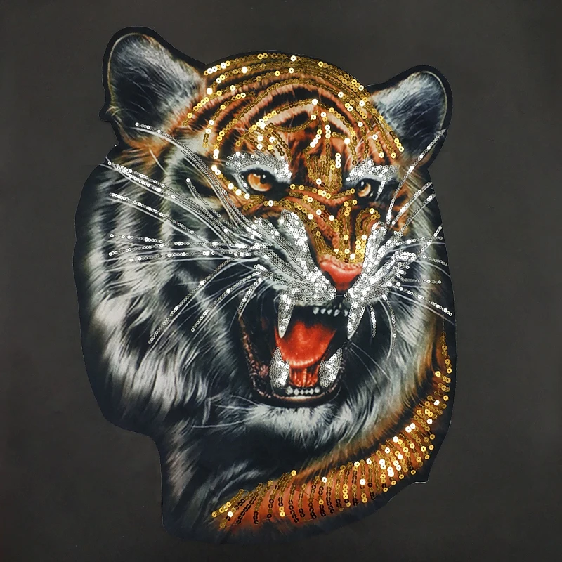 

1 Piece Large Sequins Tiger Head Embroidered Patch Rock Punk Style For Clothing Accessories Applique Sew On DIY Supplies