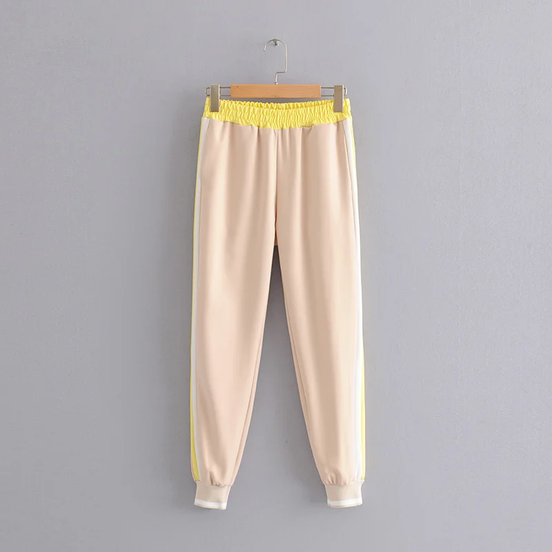 beige AOEMQ, модные, новые, летние брюки, подходят, брюки-карандаш, спортивные, повседневные, стильные, в полоску, с принтом, с эластичными лентами, штаны для утренних пробежек, студенческие для женщин - Цвет: beige