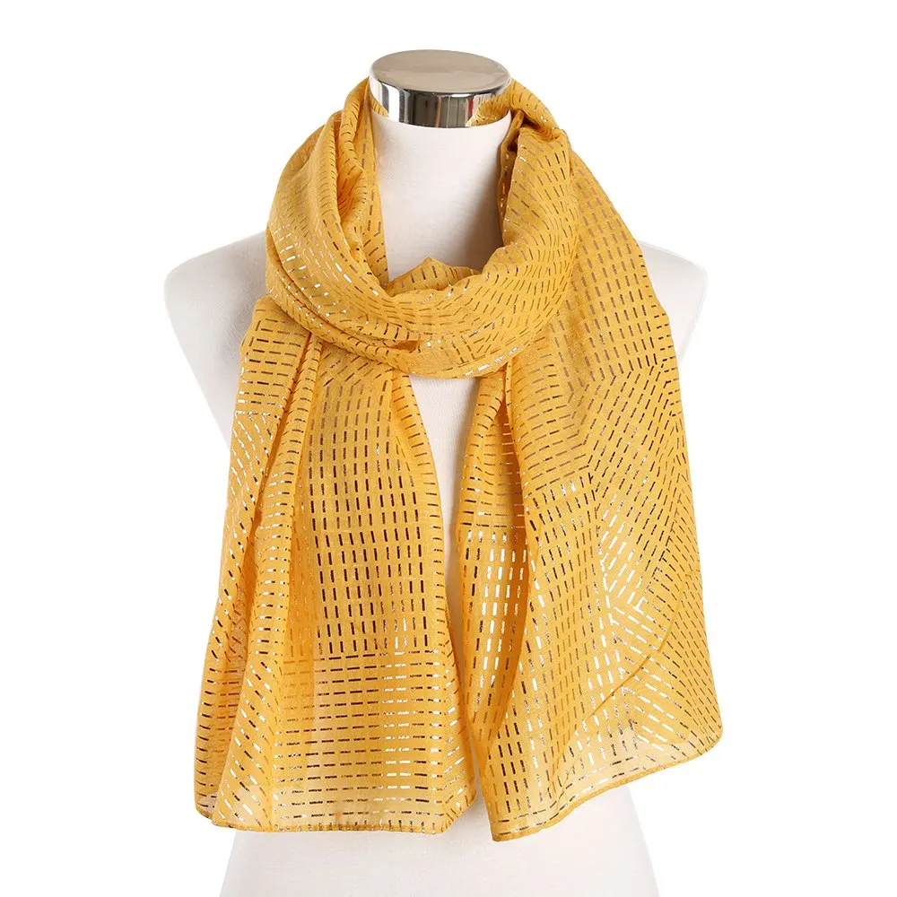 Модный Блестящий золотой шарф для женщин длинный шаль желтый красный полосатый блестящие женские накидки шарф хиджаб мягкие пляжные палантины - Цвет: Yellow Long