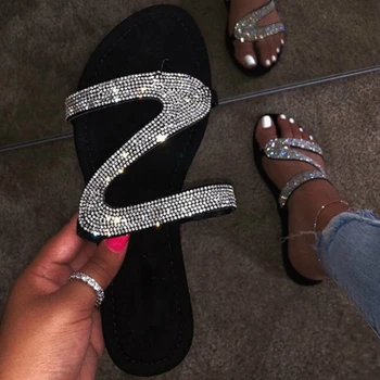 

2020 Summer Women Slippers Crystal Flat Heel Slides Platform Peep Toe Casual Fashion Outdoor Beach Ladies Shoes Zapatos De Mujer