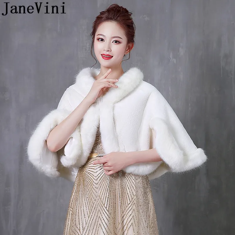 JaneVini Winter Women Fur Coat with Hat Hooded Faux Fur Wrap Wedding Dress Bolero White Shrugs Cloak Capes Stoles cape mariage