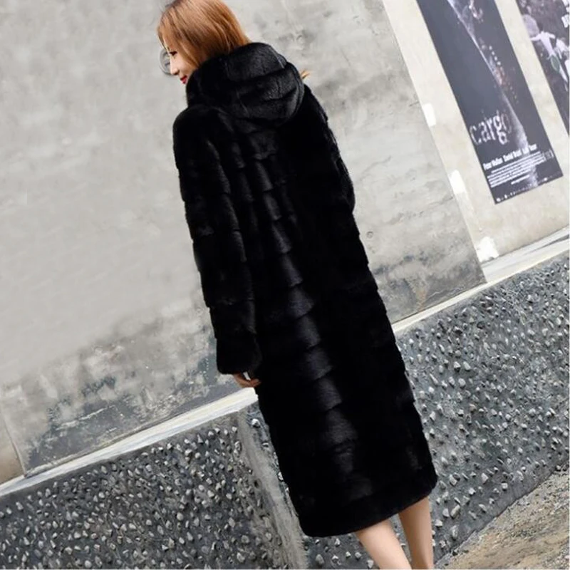 Настоящий натуральный Полный Пелт цельная кожа кроличий мех пальто с капюшоном Женская длинная модная куртка на заказ любой размер