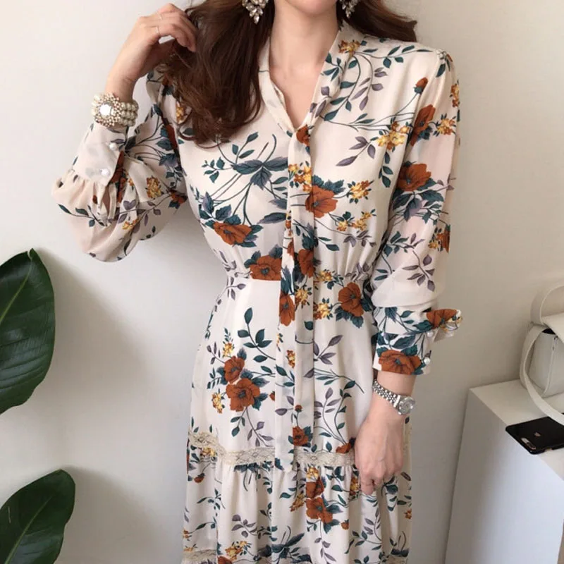 2020 Summer Chic Women Dress Retro Casual Long Sleeve Boho Floral Print Dress Korean Elegance Lady Bandage Dresses