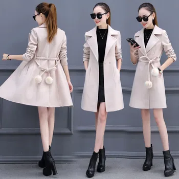 

New Thin Wool Blend Coat Women Long Sleeve Turn-down Collar Outwear Jacket 2019 Casual Autumn Winter Elegant Overcoat With belt