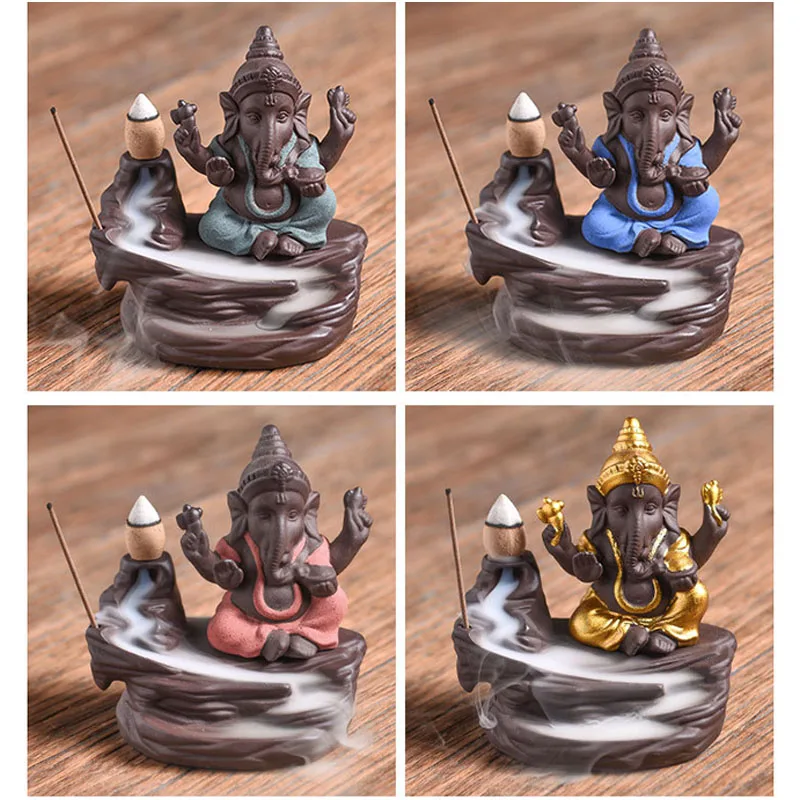 Colorful Sand Crafts Elephant Head God Censer Lotus Incense Holder Southeast Asia Buddha Statue Backflow Burner Decor DA | Дом и сад
