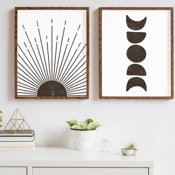 

Nordic Black White Sun and Moon Phases Wall Art Canvas Poster Minimal Print Mid Century Painting Pictures for Living Room Decor