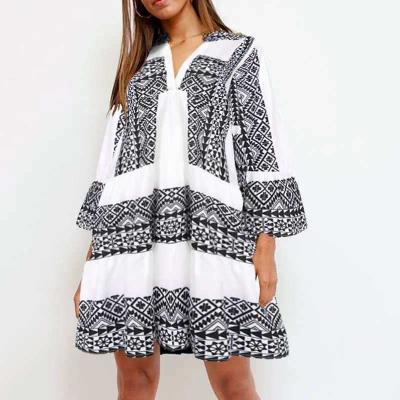 ZANZEA женское богемное мини-платье модное короткое платье с принтом Vestidos Дамский летний сарафан лоскутное одеяло Femme плюс размер 5XL - Цвет: Off White