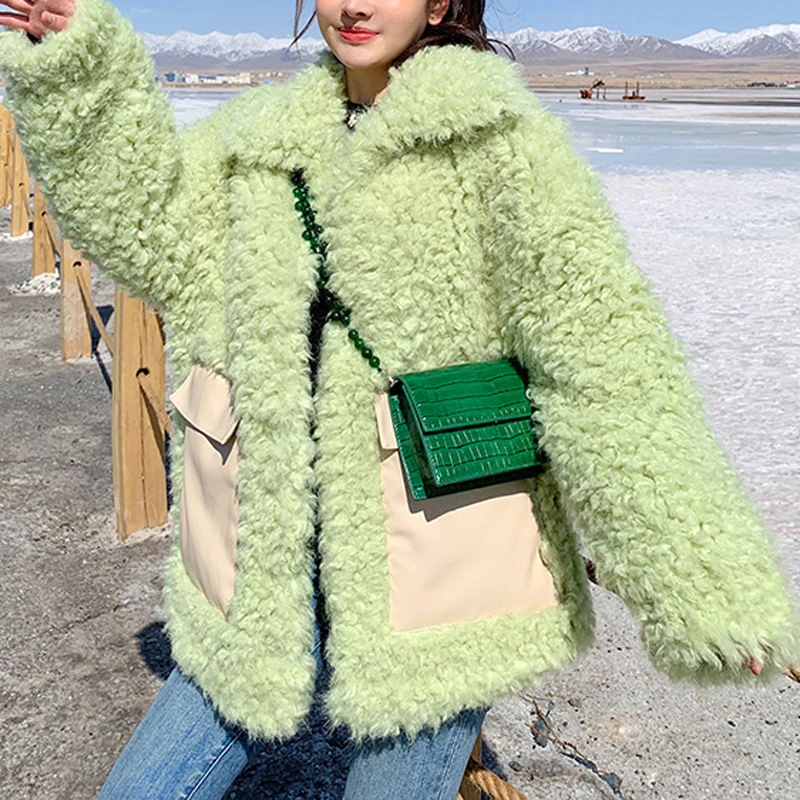 Korean Chic Women Sweet Green Faux Fur Coat Street Fashion Girls Winter Thicken Warm Fur Jacket Oversized Loose Fluffy Outerwear