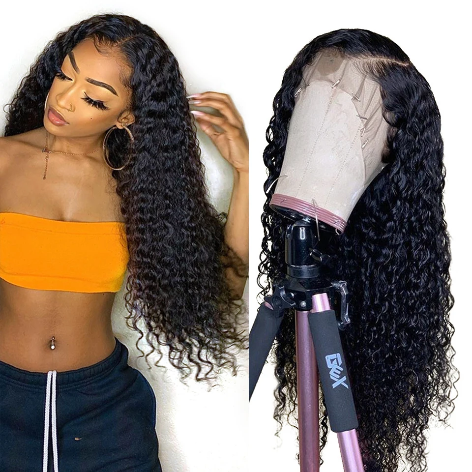 

Deep Wave T Part Lace Front WIgs 150Density Indian Curly Lace Frontal Human Hair Wigs Pre Plucked Baby Hair 4x4 Lace Closure Wig