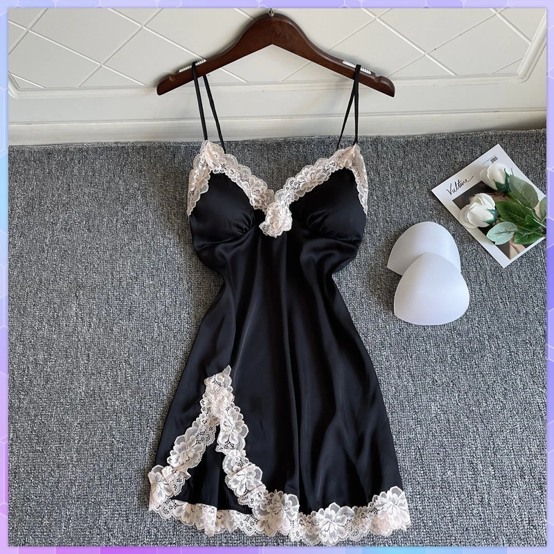 Camisón Sexy sin espalda ropa dormir de encaje con cuello en V profundo, lencería Babydoll con tirantes, camisas de dormir de seda de - AliExpress Ropa interior y