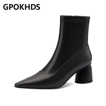 

GPOKHDS 2021 women Ankle boots Cow leather winter short plush Square Toe Zipper High heels female boots size 39