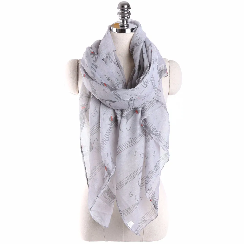 20# Mujeres segnoras музыкальная нота gato estampado bufanda larga abrigo chal impreso bufanda mujer invierno cálido cuello bufandas