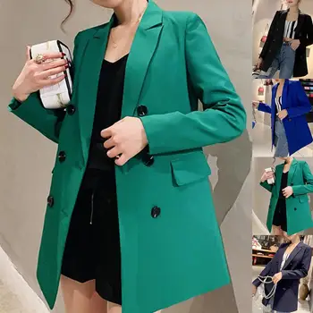

Office Lady Solid Color Long Sleeve Double-breasted Lapel Collar Blazer Jacket