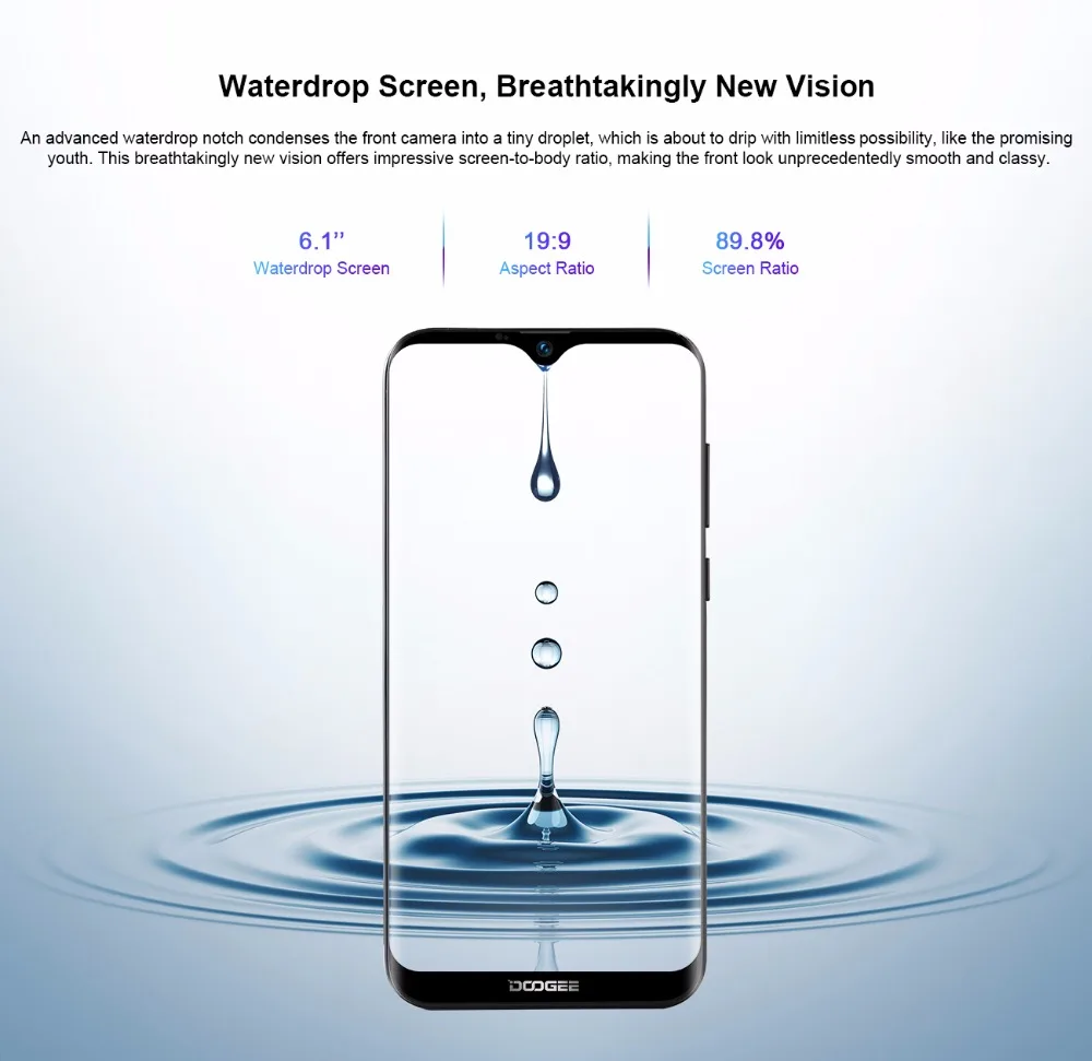 DOOGEE Y8c Android 8,1 6,1 дюймов 19:9 в виде капли воды, экран LTPS смартфон MTK6580 1 ГБ Оперативная память 16 Гб Встроенная память 3400 Max две sim карты 8MP + 5MP WCDMA