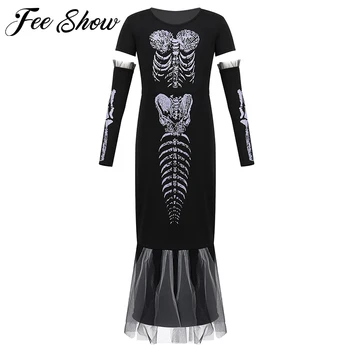 

Halloween Party Skull Skeleton Costumes Kids Skeleton Printed Long Dress with Arm Sleeves Fancy Cosplay Costume Girls Vestidos