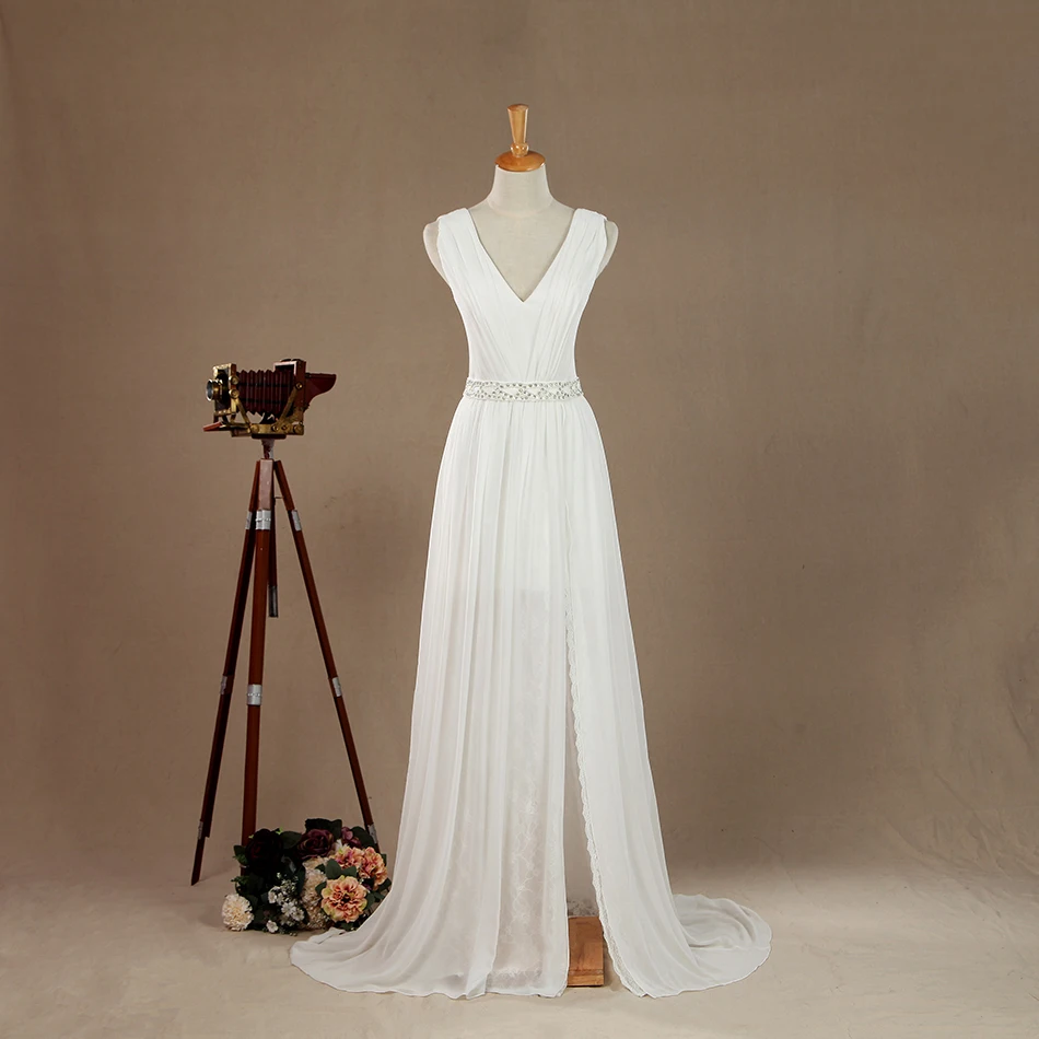

Elegant White Evening Dresses Pleat Beaded A-Line V-Neck Sleeveless Long Evening Dresses Formal Party Gowns robe-de-soiree